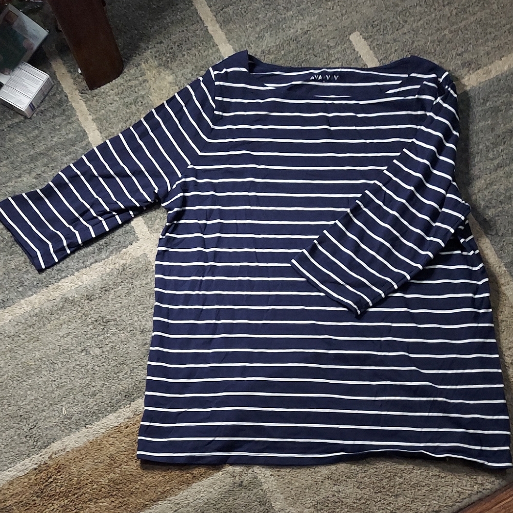 Ava & Viv Women's Navy and White Striped Long Sleeve Top